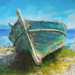 Verlassen am Ufer: Altes Fischerboot – Acryl auf Leinwand